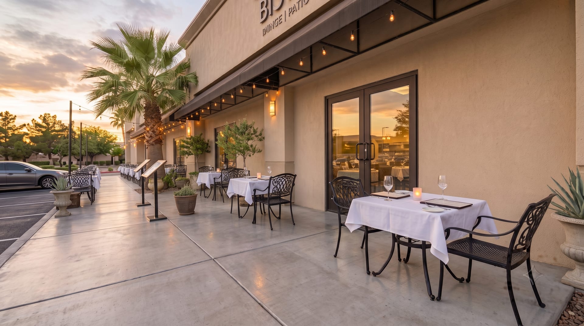 Clean restaurant entry and patio after pressure washing, Las Vegas