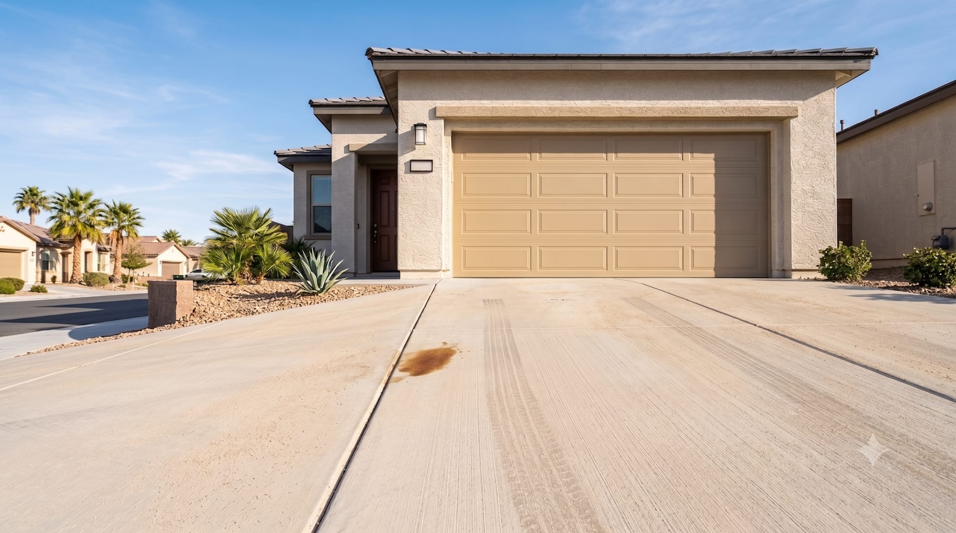 Same driveway before cleaning, dark oil patch and tire marks