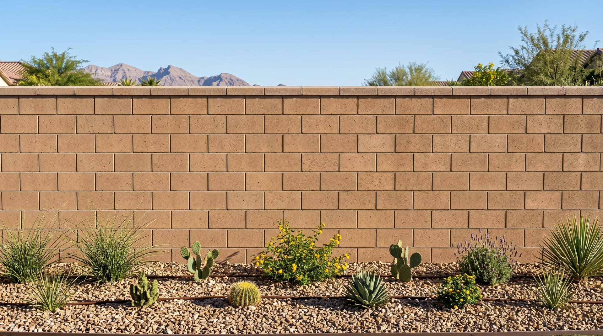 Clean tan block wall after efflorescence removal, Las Vegas backyard