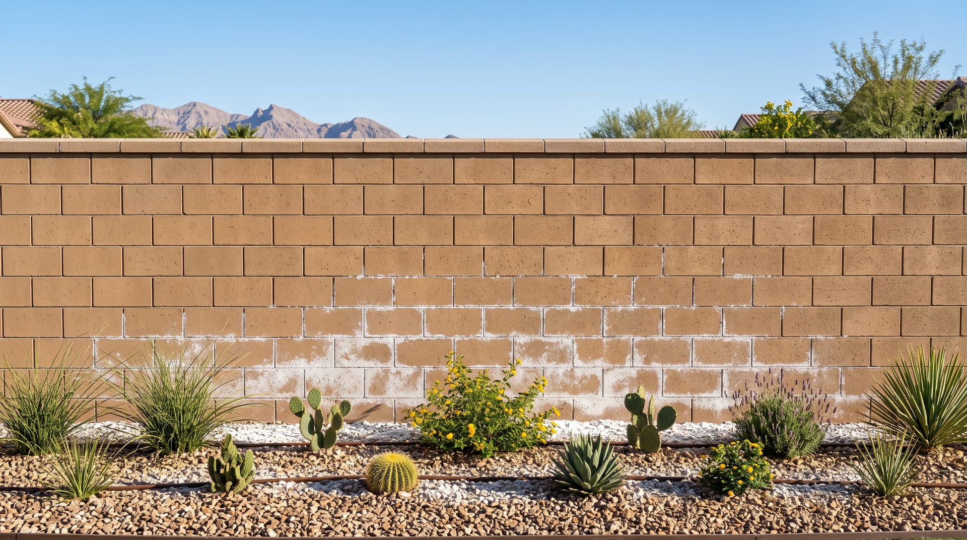 Same block wall before treatment, white efflorescence across the lower courses