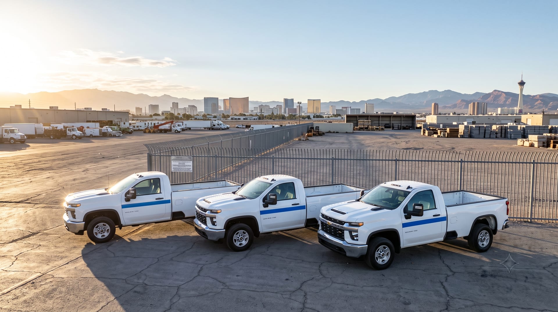 Work truck fleet gleaming after washing, Las Vegas yard