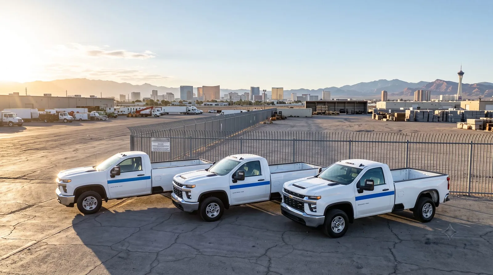Work truck fleet gleaming after washing, Las Vegas yard