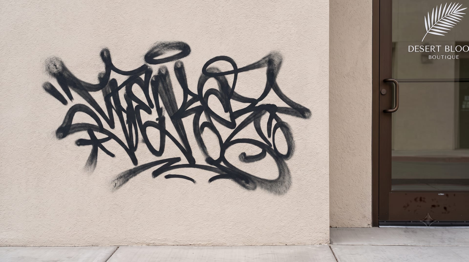 Spray tag across painted stucco beside a shop entry before removal