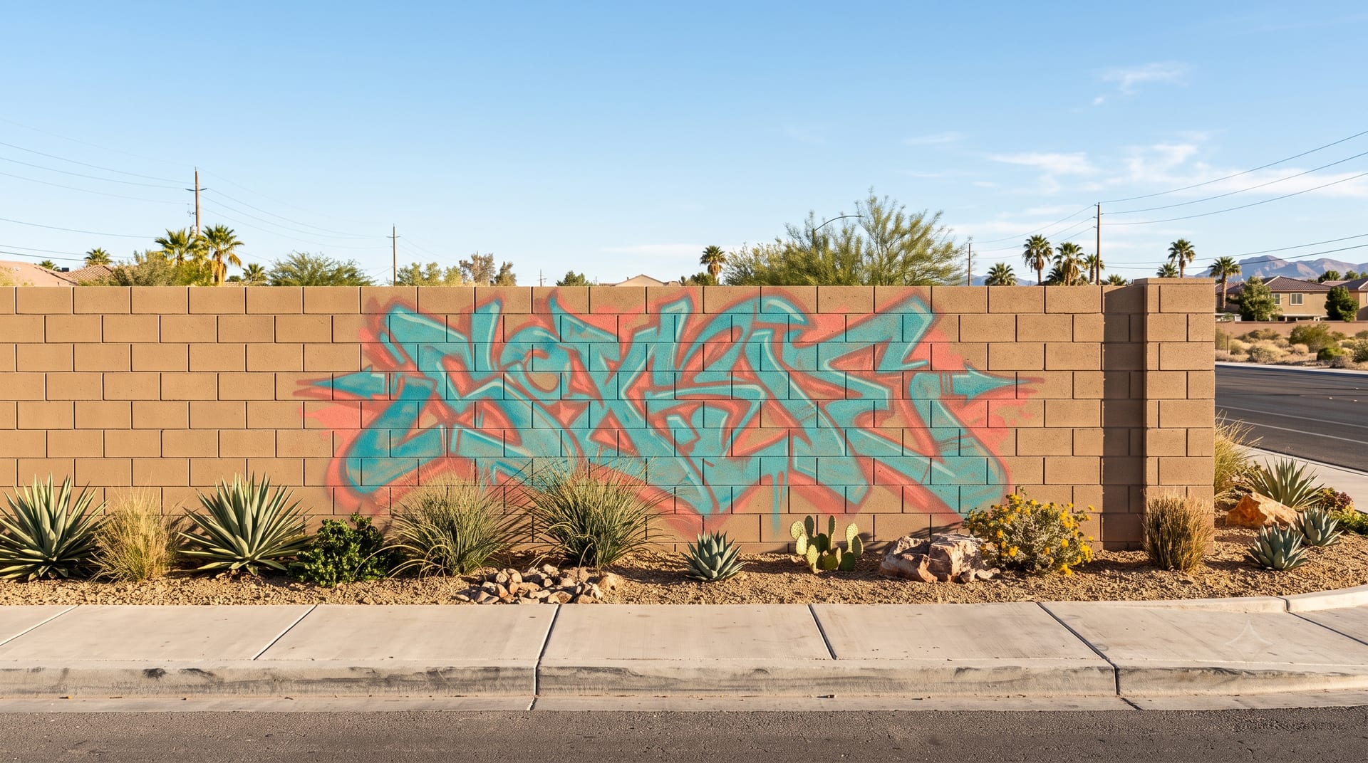 Tan block wall with a large spray-paint tag before removal