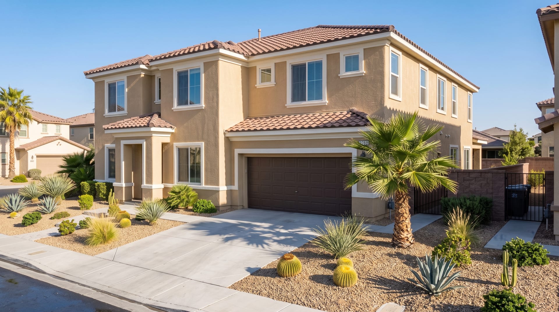 Tan two-story stucco house freshly soft washed, Las Vegas