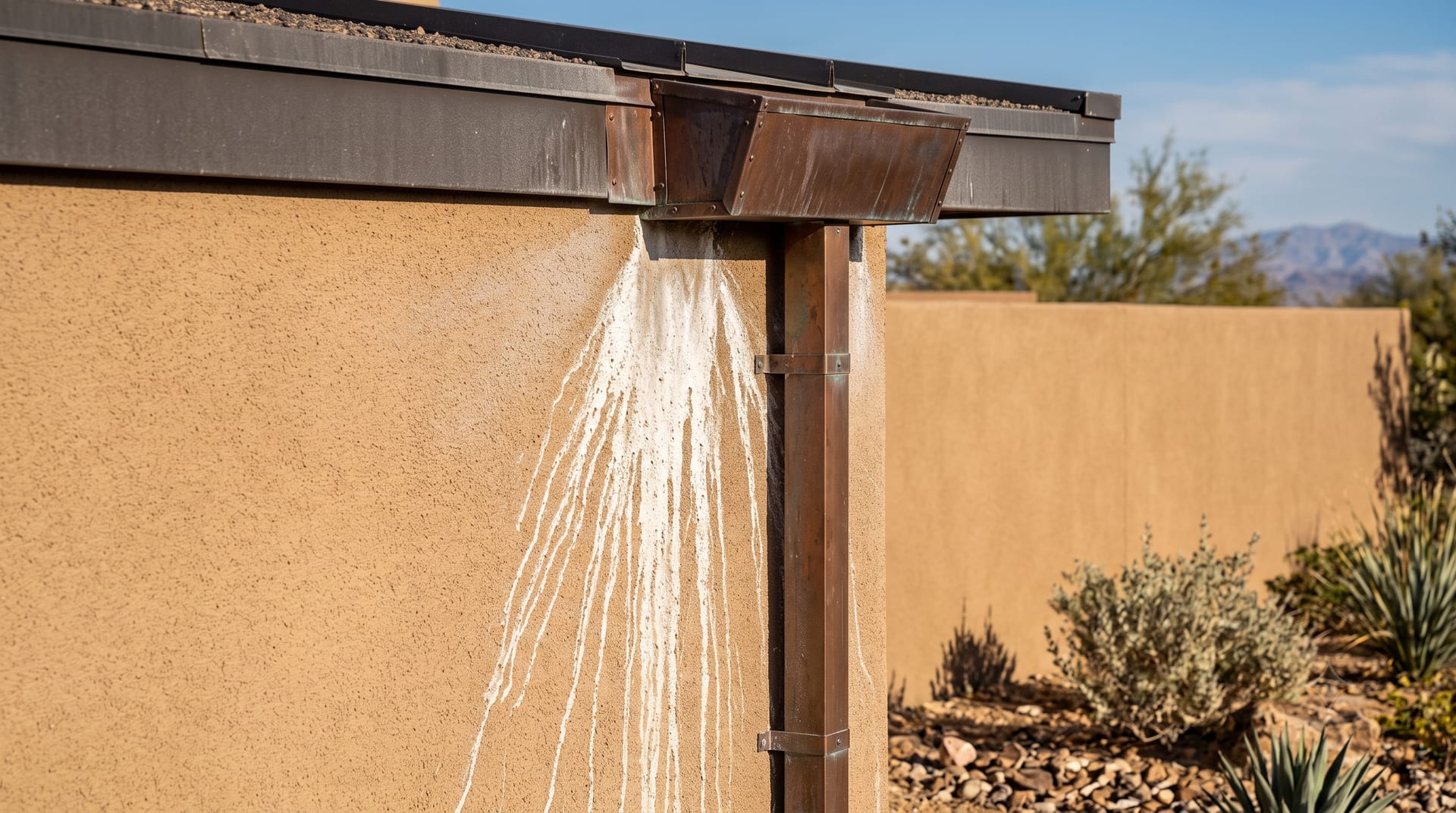 White mineral streaks running down stucco below a scupper before cleaning