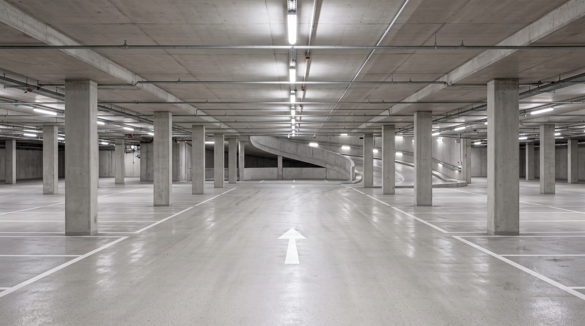 Bright parking garage deck and columns after cleaning