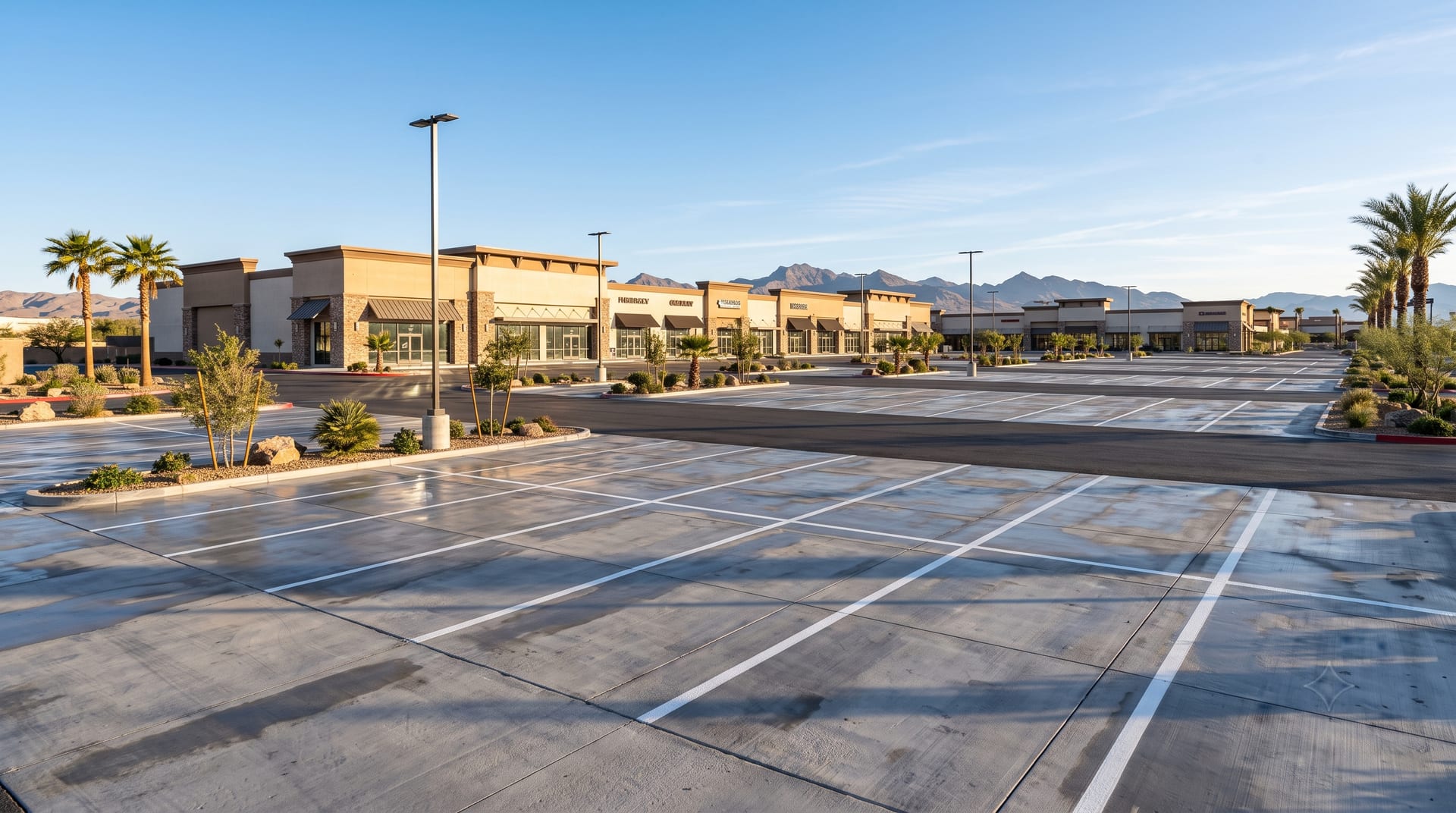 Clean retail parking lot and shopping center after pressure washing, Las Vegas