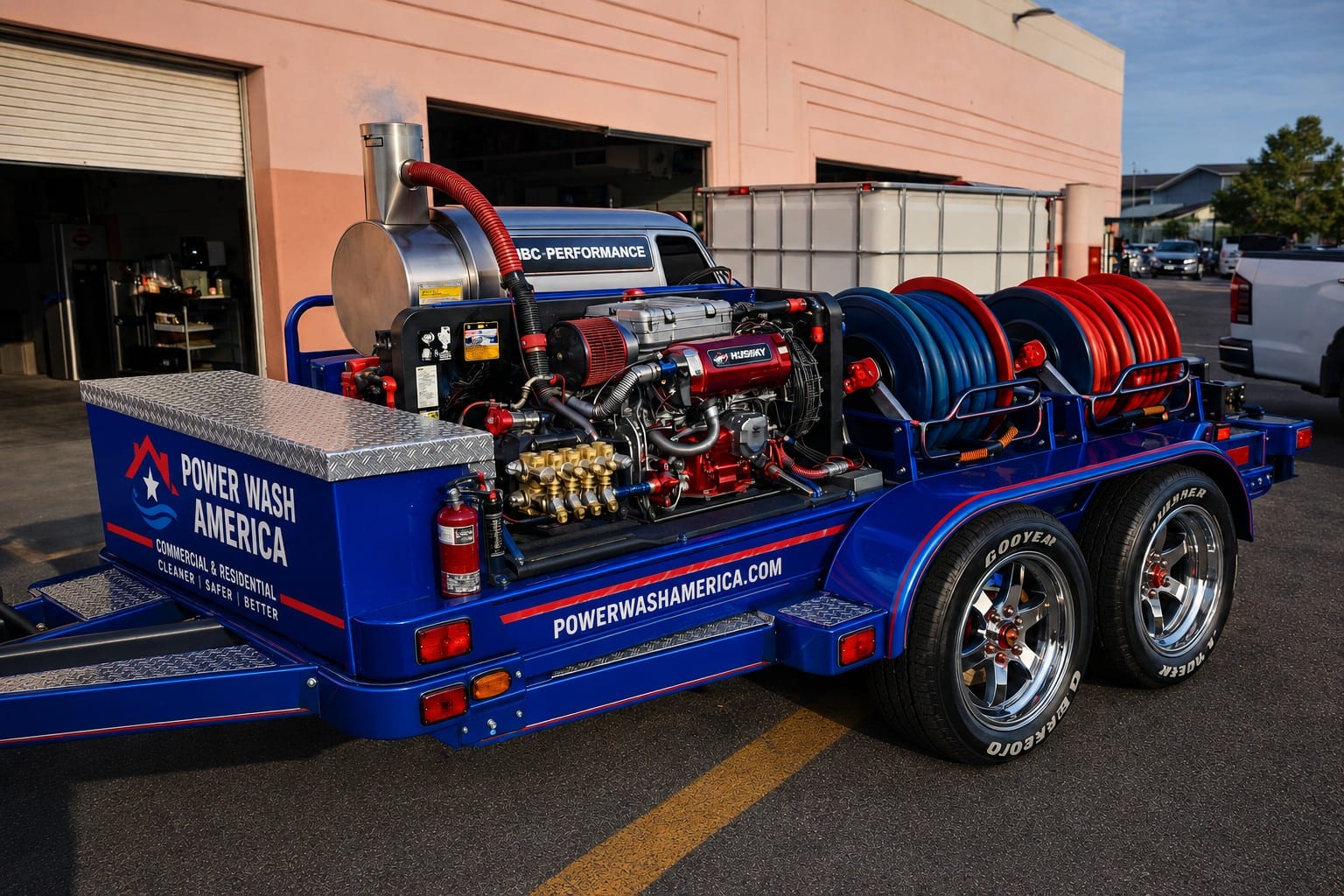 Power Wash America's custom-built blue pressure washing trailer rig with hot water system and dual hose reels