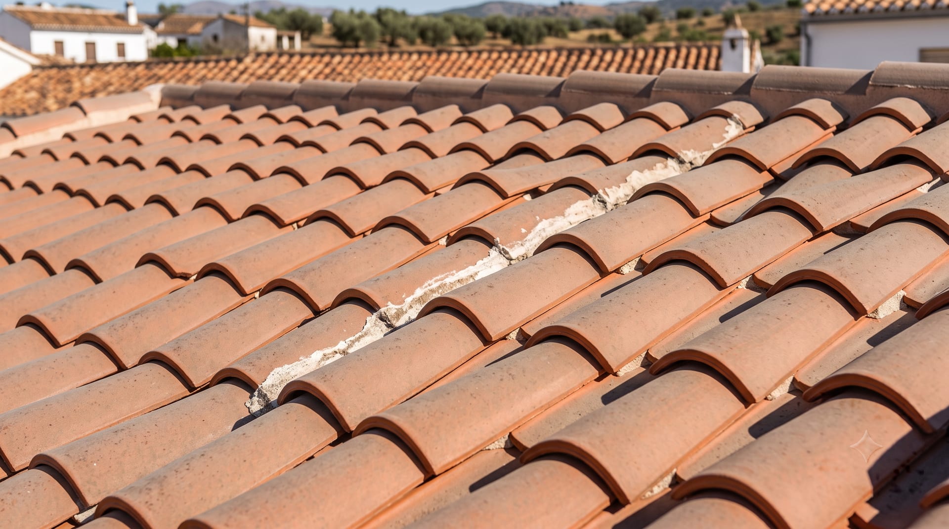 Close-up of dust-dulled roof tiles with a mineral streak before cleaning