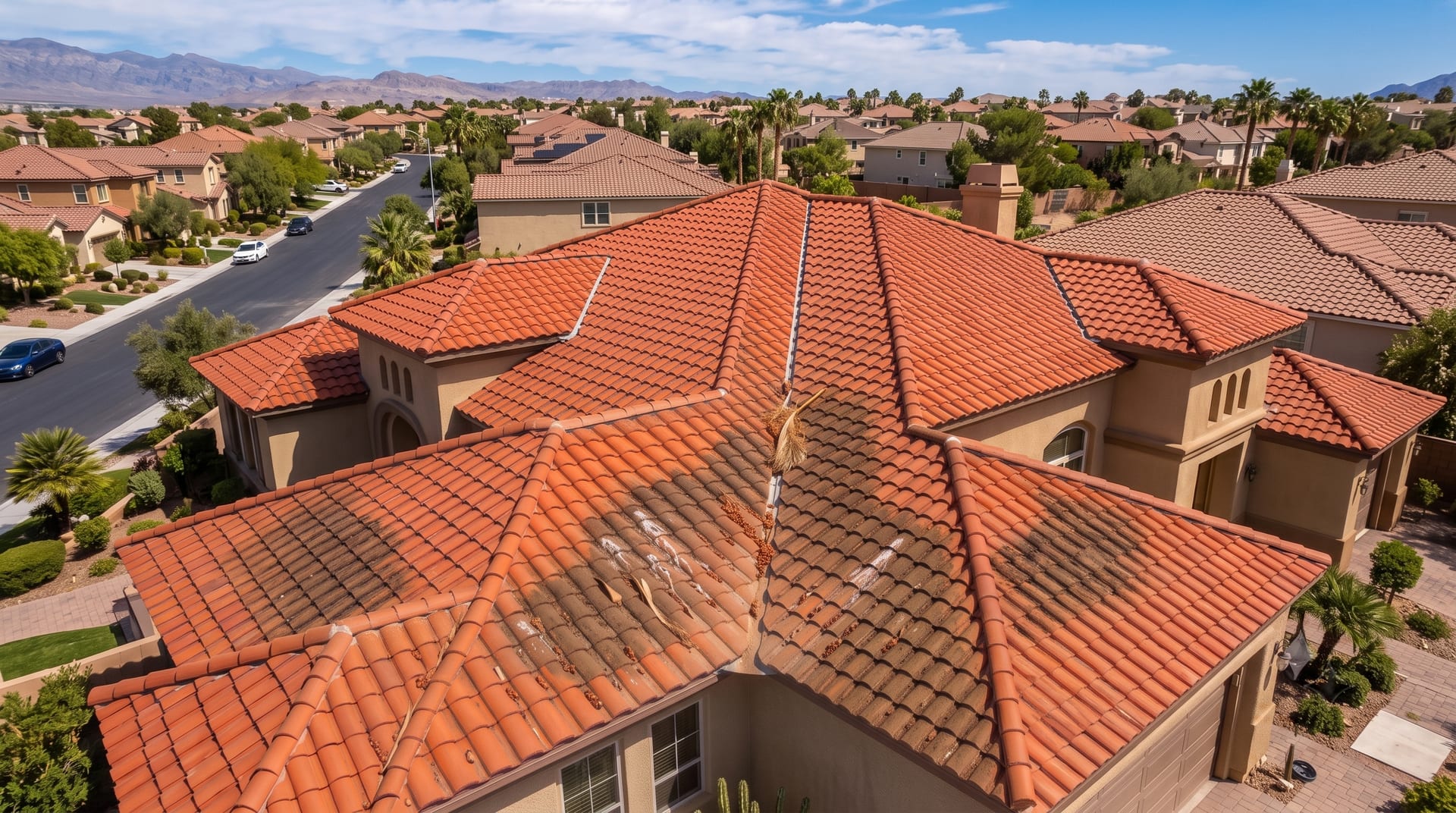 Same tile roof before cleaning, gray dust film and debris in the valleys