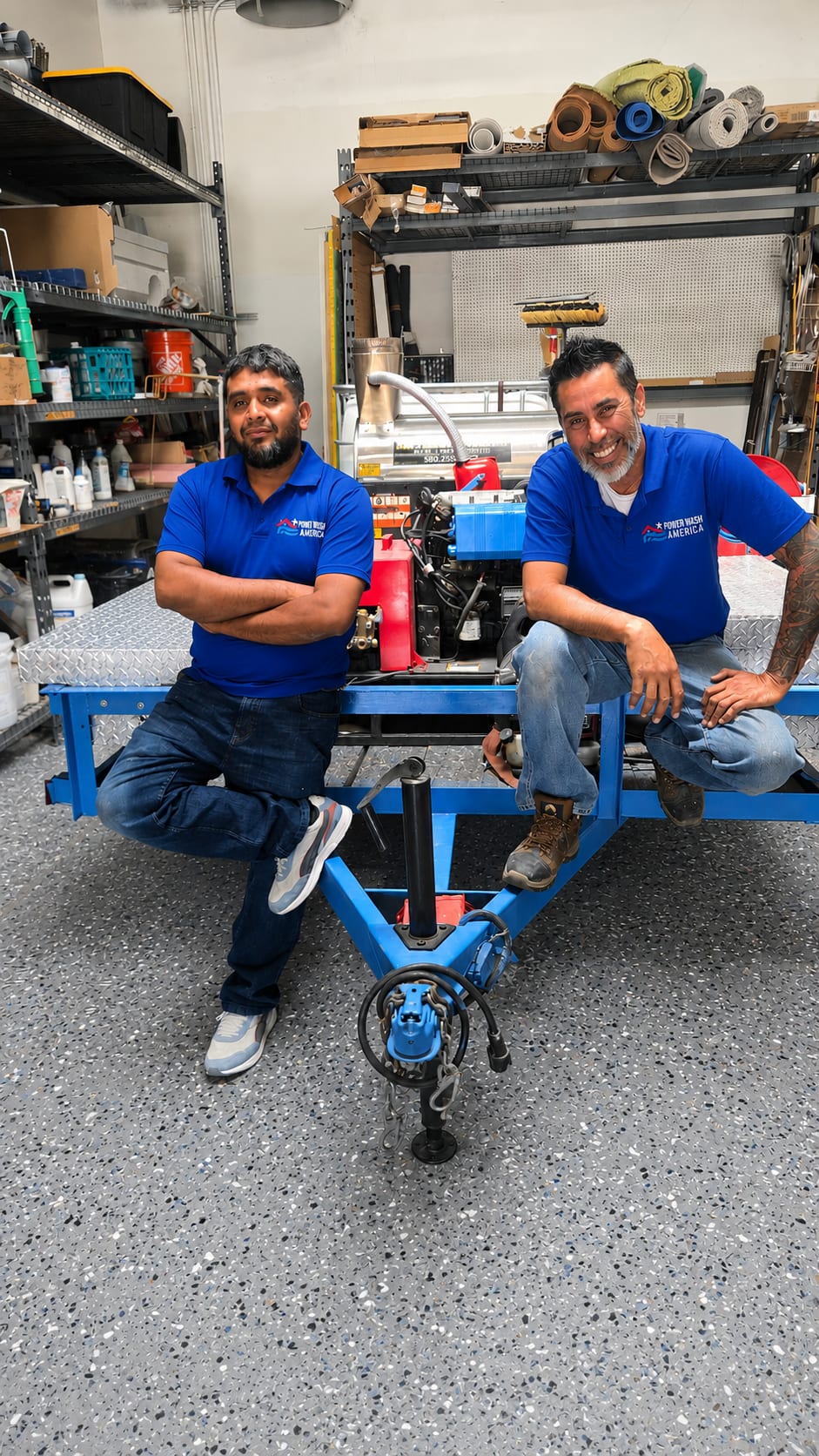 Two Power Wash America crew members in company polos on the wash trailer at the shop
