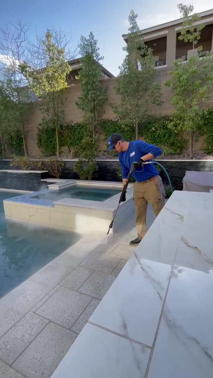 Power Wash America crew cleaning a pool and spa deck at a Las Vegas valley home