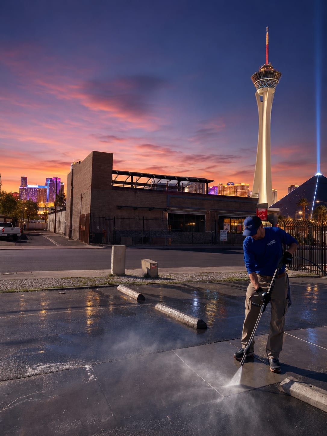 Power Wash America technician pressure washing a parking lot at dusk with the Las Vegas skyline behind him