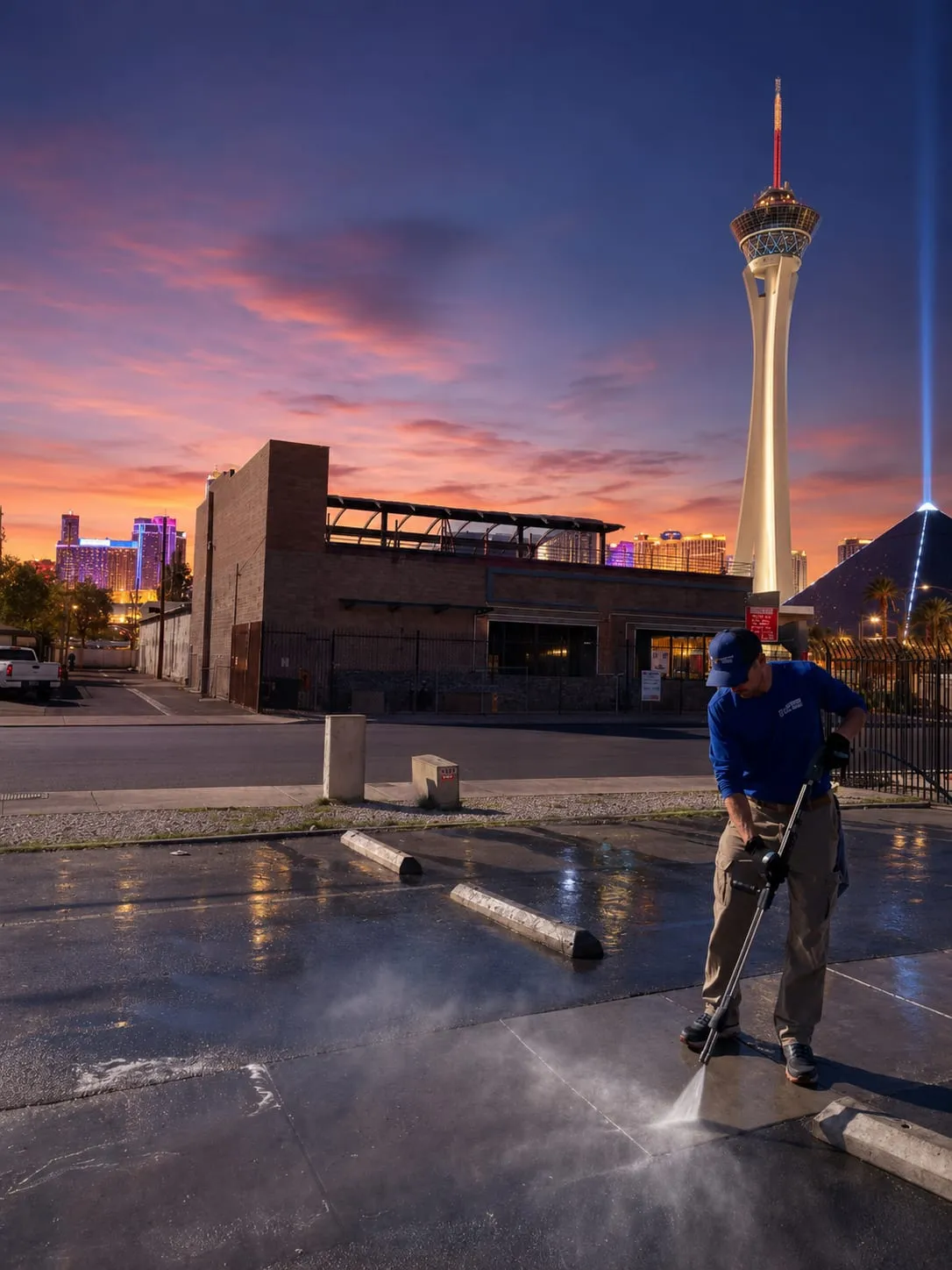 Power Wash America technician pressure washing a parking lot at dusk with the Las Vegas skyline behind him